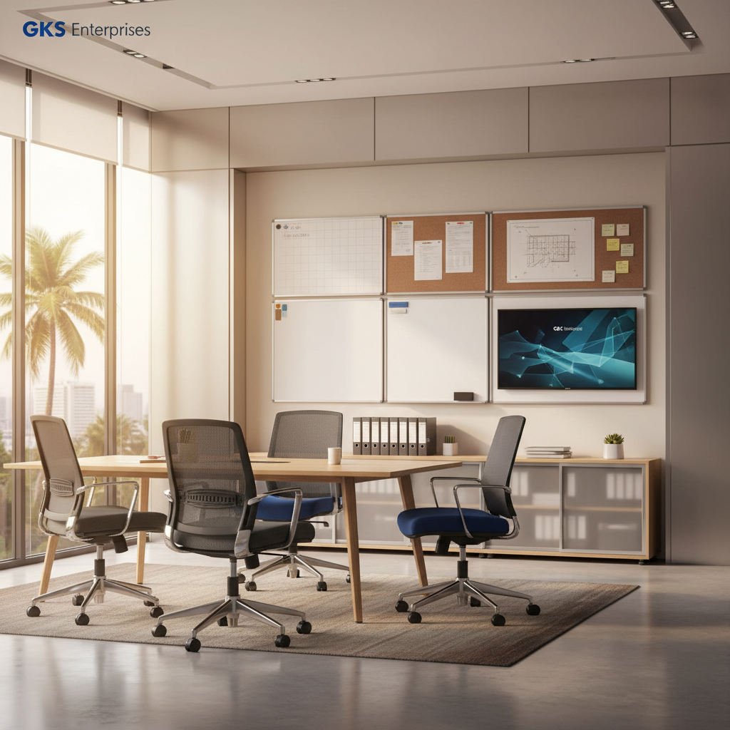 Office revolving chairs and display systems Bangalore showroom interior